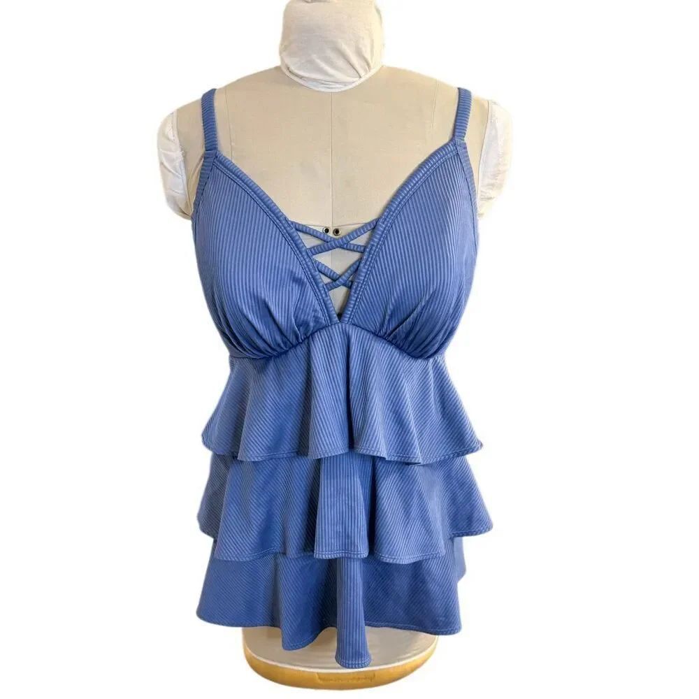 Cacique Tankini Top Size 24 Women’s Striped Tiered Ruffle Blue Bra